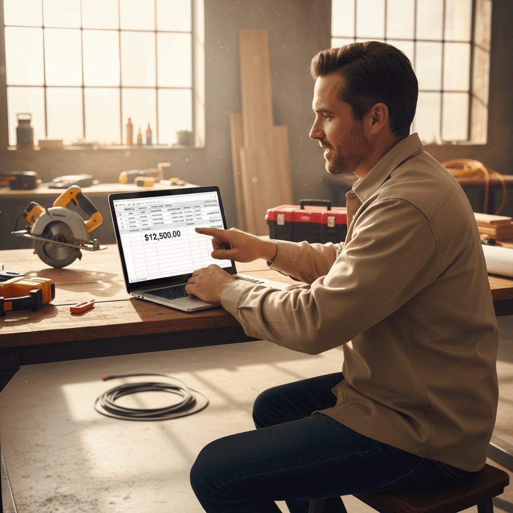 Contractor reviewing job pricing on laptop