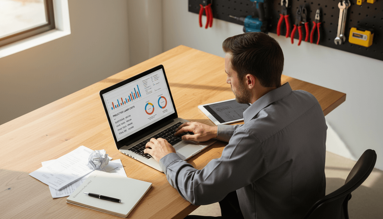Contractor reviewing labor burden calculations on laptop at desk
