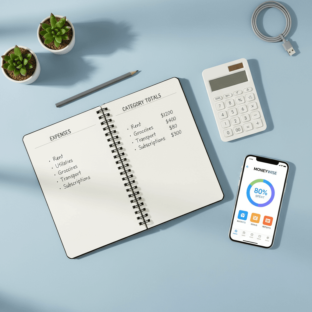 Expense tracking notebook and app interface