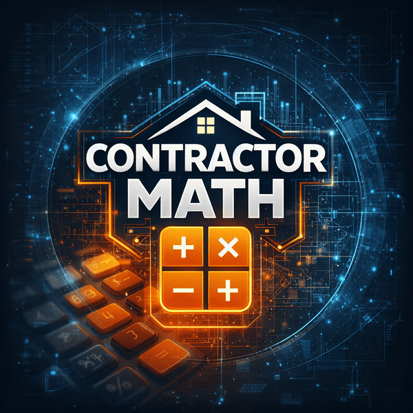 Contractor Math logo featuring a house icon, mathematical symbols, and a digital calculator background.